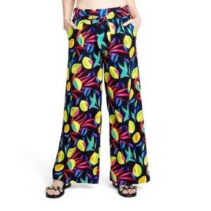 Tabitha Brown Lemon Floral High Waisted Belted Wide Leg Pants Medium